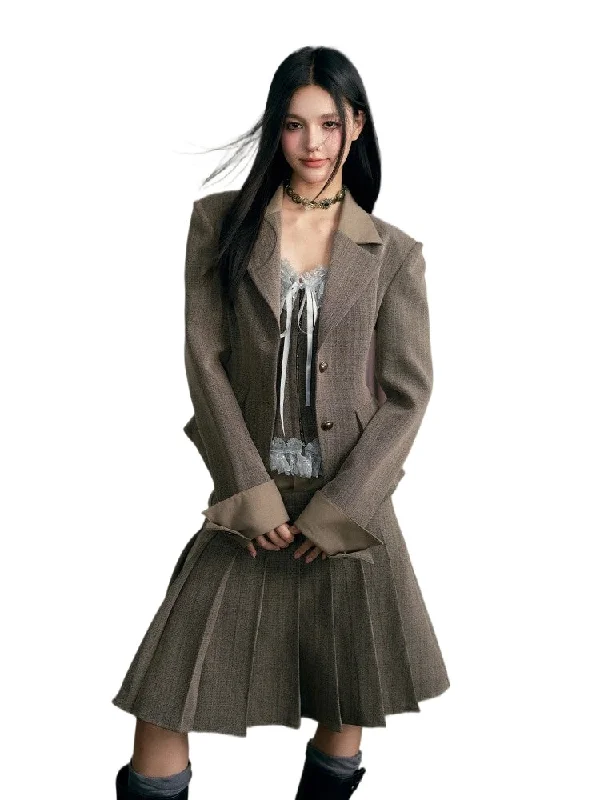 Brown Shawl Collar Jacket & Skirt Set Everyday wear unclassified skirts