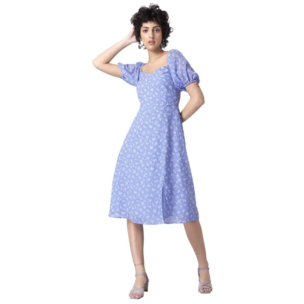 FabAlley Women's Georgette Blue Ditsy Puff Sleeves Midi Dress Party midi dresses