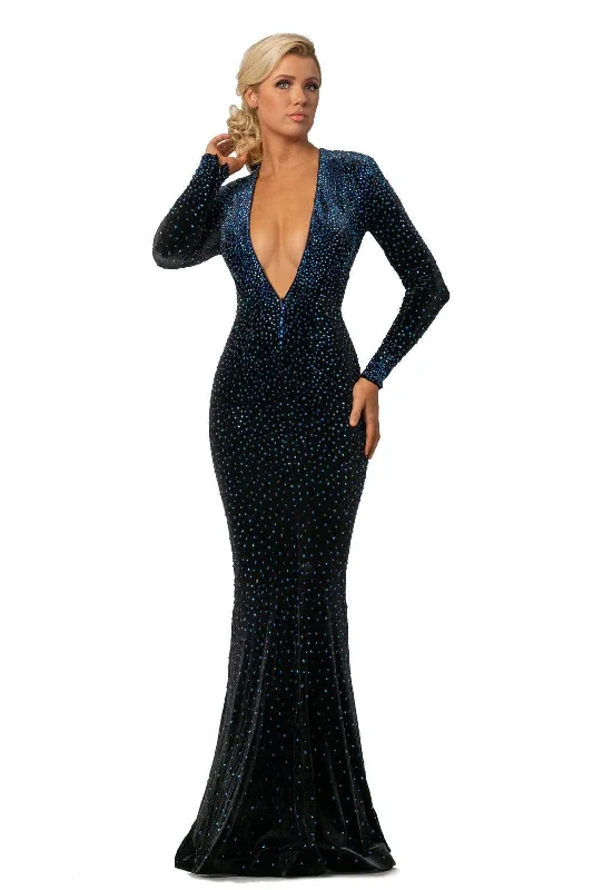 Johnathan Kayne - 2045 Bedazzled Long Sleeve V-neck Trumpet Dress - 1 pc Black-Ab In Size 16 Available Expensive maxi dresses