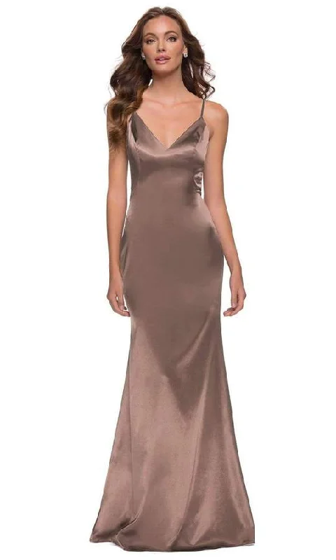 La Femme - Sleeveless V-Neck Fitted Satin Long Dress 29960SC - 1 pc Nude In Size 4 Available Minimalist maxi dresses