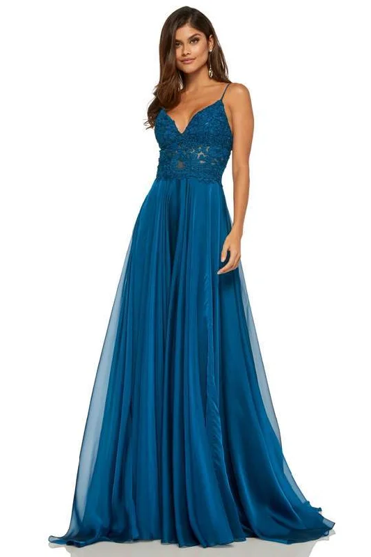 Sherri Hill - Long Appliqued Illusion Midriff Chiffon Dress 52818 Preppy maxi dresses