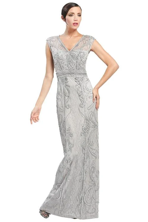 Sue Wong Cap Sleeve V-neck Long Dress in Platinum W4505 Luxury maxi dresses