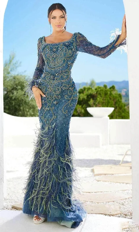 Terani Couture 241GL2646 - Long Sleeve Feather Detailed Evening Dress Budget-friendly party dresses