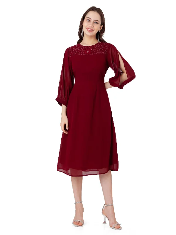 Zink London Women's Maroon Embroidered A-Line Midi Dress Formal midi dresses