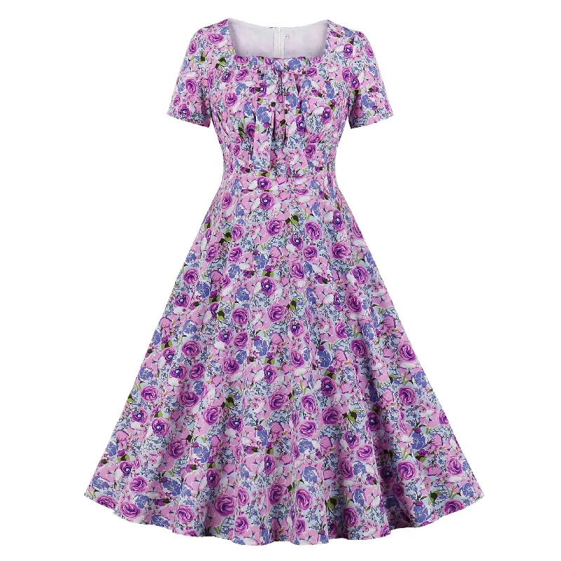 2023 Bohemian Beach Floral Women Casual Party Dress With Bow Short Sleeve 50s 60s Big Swing Rocakbilly Pin Up Vintage Sundress Birthday floral dresses