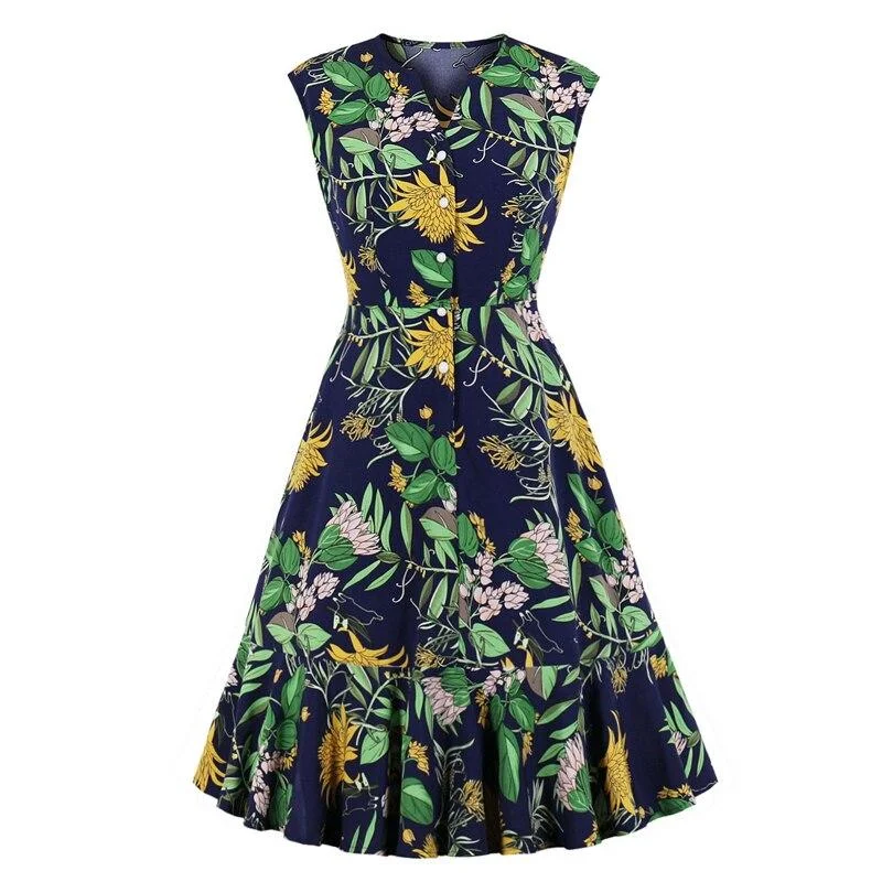 2023 Botanical Print Vintage High Waist Elegant Ruffle Hem Runway Dresses Women V Neck Single Breasted Sleeveless Summer Dress Designer floral dresses