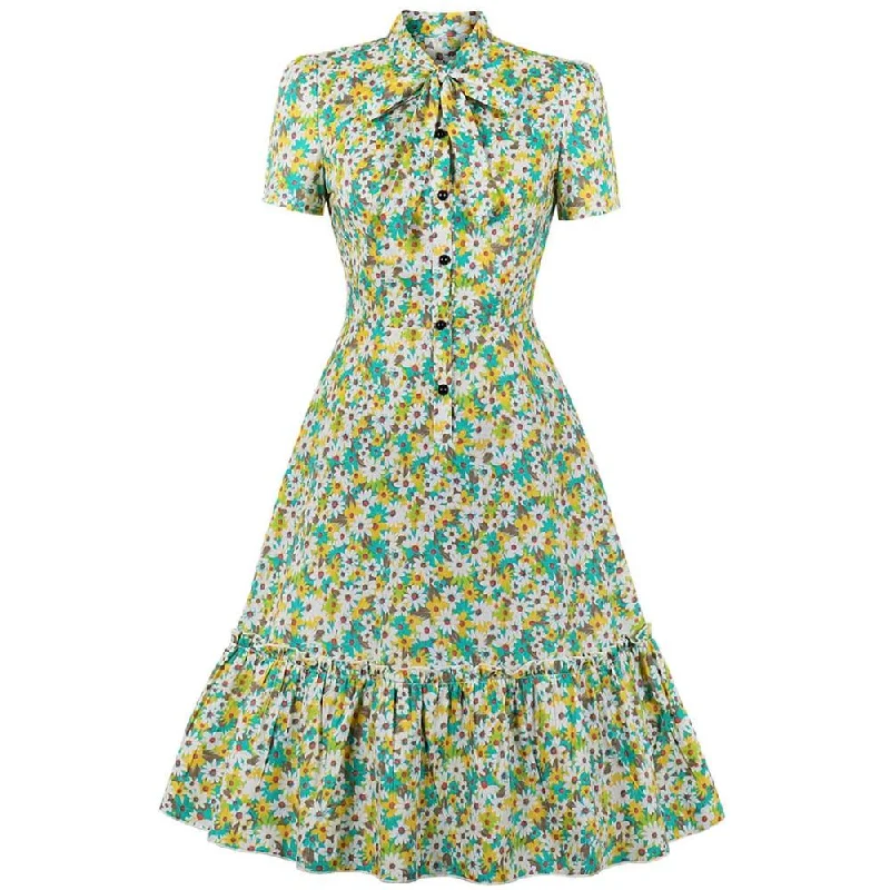 2023 Elegant Summer Women Party Dress Floral Bohemian Beach Y2K Aline Button Front Ruffle Shirt Sundress Green Pink Clothing 50s Wedding floral dresses