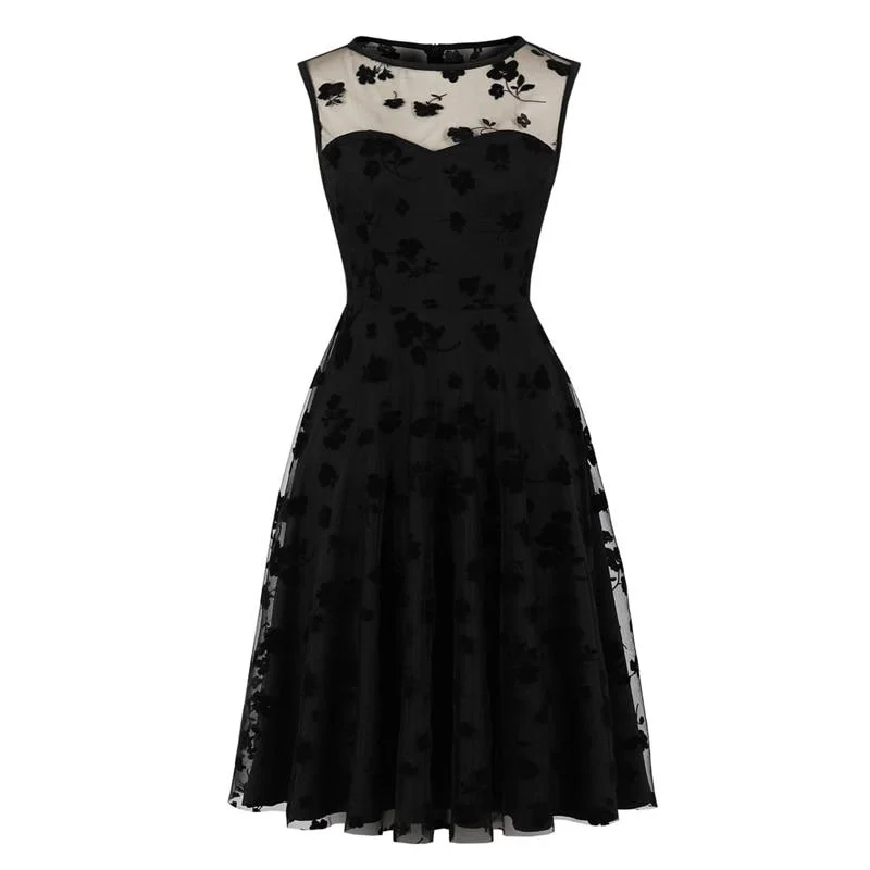 2023 Floral Embroidered Mesh Overlay Elegant High Waist Black Tunic Dresses for Women Sleeveless A Line Winter Party Dress Halter floral dresses