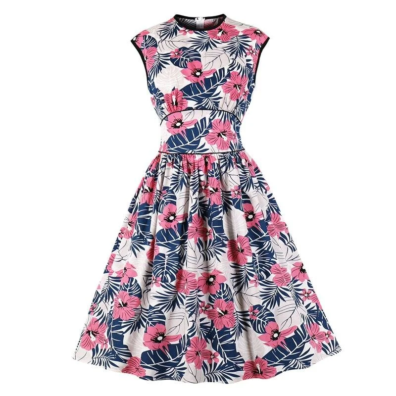 2023 Floral Print Elegant High Waist Vintage Pinup Girls 50s 60s Clothes Dresses Women O-Neck Sleeveless Pleated Cotton Dress High-end floral dresses