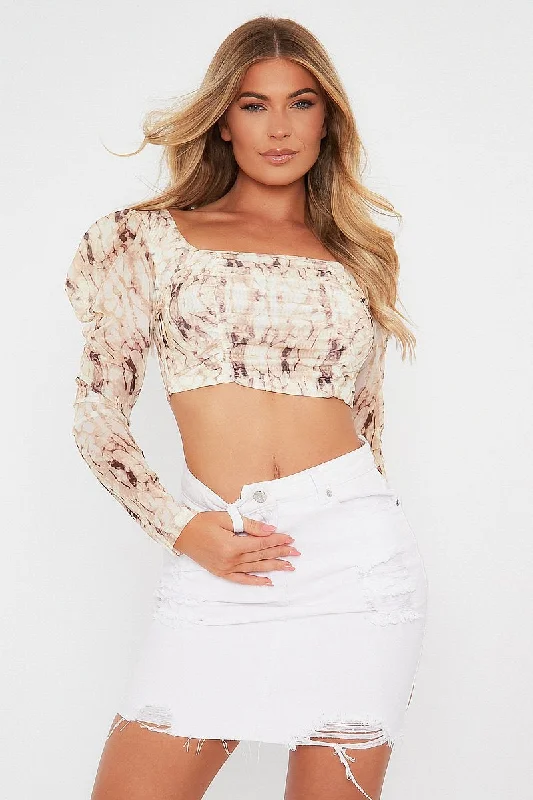 Beige Marble Print Ruched Crop Top - Tina Best floral dresses for outdoor weddings