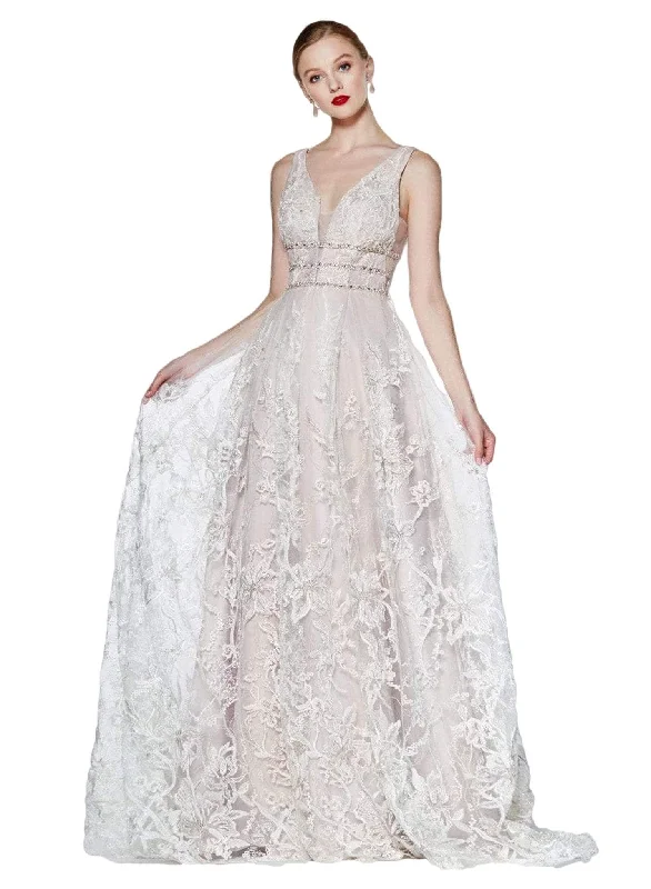 Cinderella Divine - CR823 Floral Lace Deep V-neck A-line Gown Floral dresses under $100