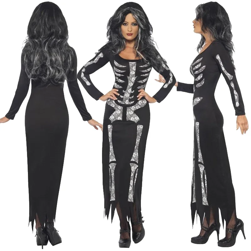 Halloween Dress Women Cosplay Scary Costumes Long Sleeve Skeleton Print Irregular Hem Dress Halloween Costumes For Women Disfraz Best floral dresses for casual outings