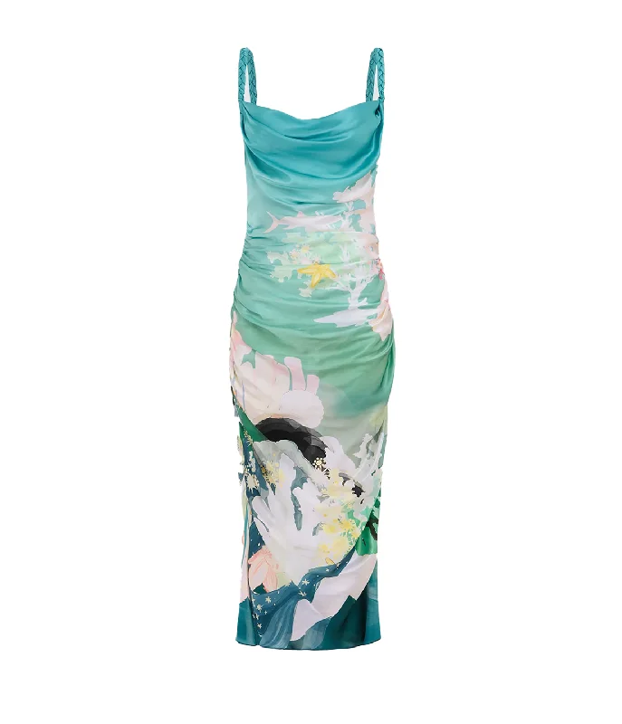 Rachel Cowl Neck Slip Dress in Seagrass Neptune Print Best floral dresses for beach vacations