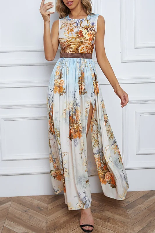 Vintage Elegant Print Slit O Neck Printed Dresses Birthday floral dresses