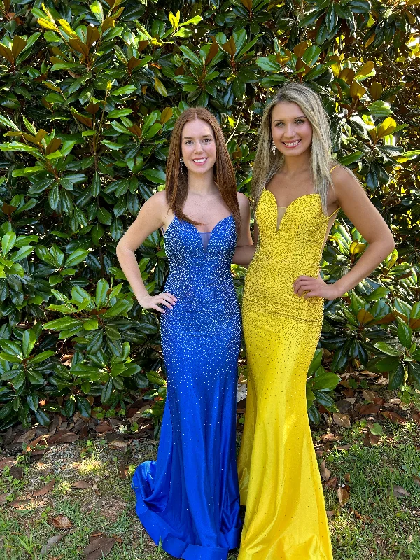 Blush Prom 12136 Bedazzled Fitted Dress with Low Open Back - Sapphire or Yellow Breathable unclassified dresses