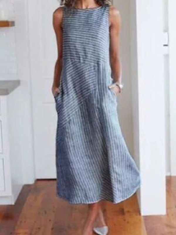 Cotton Striped Dress Round Neck Dress Ruched unclassified dresses