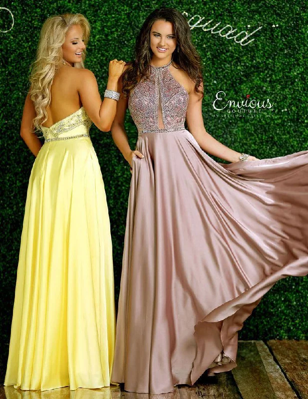 ENVIOUS Couture 1404 Yellow Satin Halter Dress with Pockets - Size 6 Graduation unclassified dresses