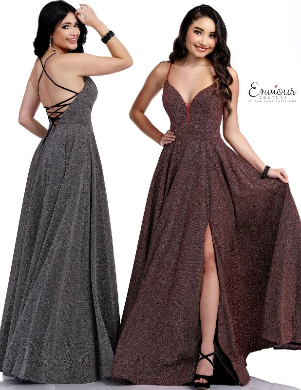 ENVIOUS Couture 1623 Metallic Silver A-Line Dress with Slit  - Size 10 Ruched unclassified dresses