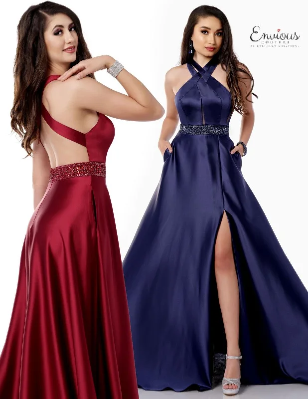 ENVIOUS Couture 1755 Burgundy Satin A-Line Dress w/ Pockets Soft fabric unclassified dresses