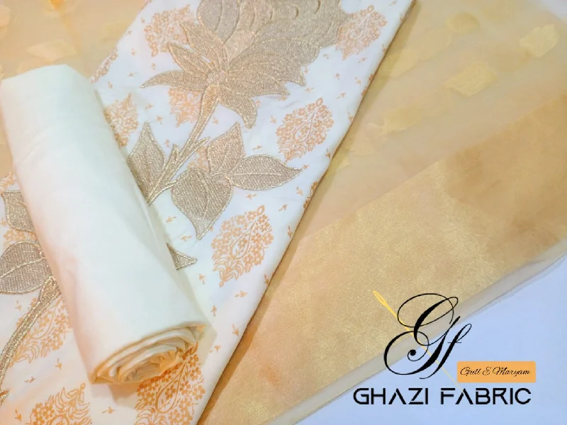 Ghazi fabric Unstitched Linen 3 piece suit for women dress with Embroidered Motif Gull-E-Maryam Collection Cream  (GTF123) Trendy new unclassified dresses