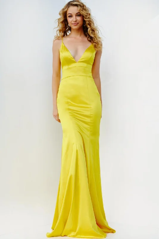 JVN by Jovani 08595 Yellow Satin Fit-n-Flare Dress Floral unclassified dresses