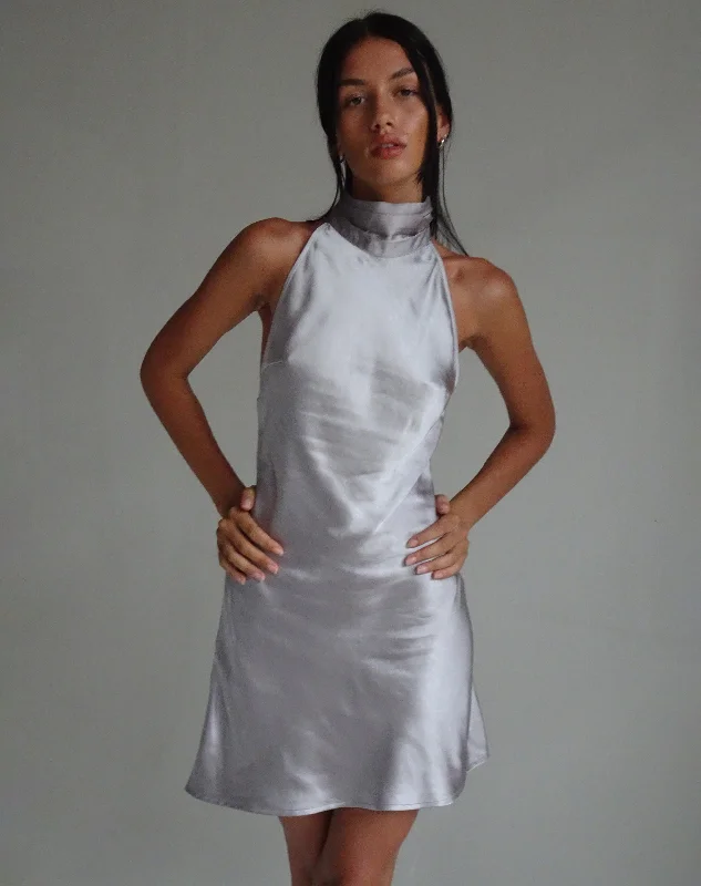 MOTEL X JACQUIE Atik Halterneck Mini Dress in Satin Silver Soft Pleated Skirt