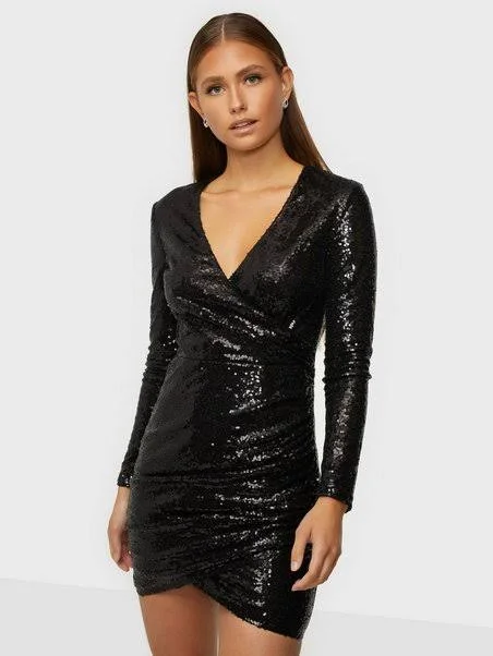 Body Wrap Sequins Mini Dress Black Bodycon Mini Skirt