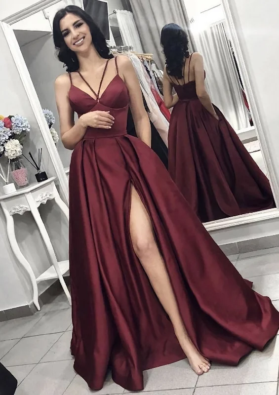 A-line/Princess V Neck Sleeveless Long/Floor-Length Elastic Satin Evening Dress With Split Pleated Gowns Full Maxi Skirt