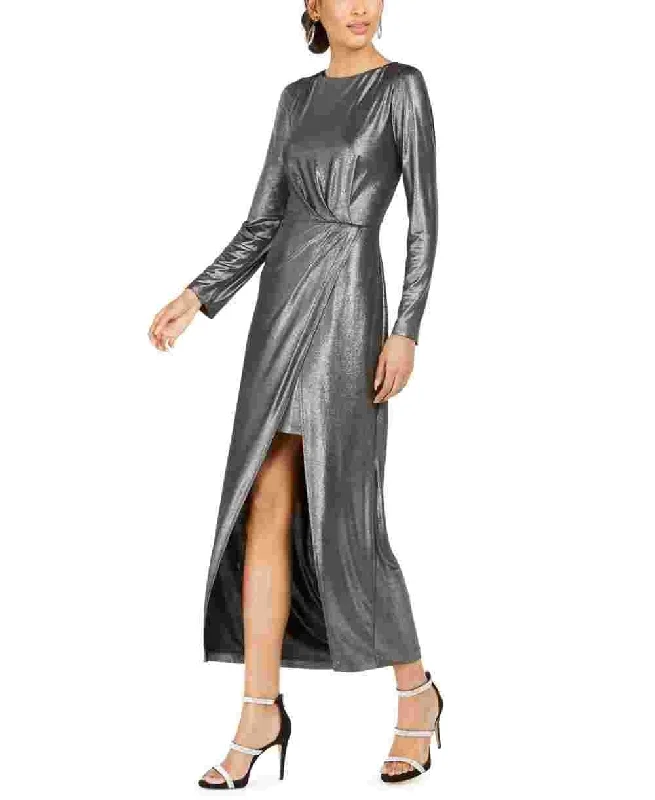 Julia Jordan Women's Metallic Front Slit Long Sleeve Knit Maxi Dress Silver Size 2 Fitted Maxi Skirt