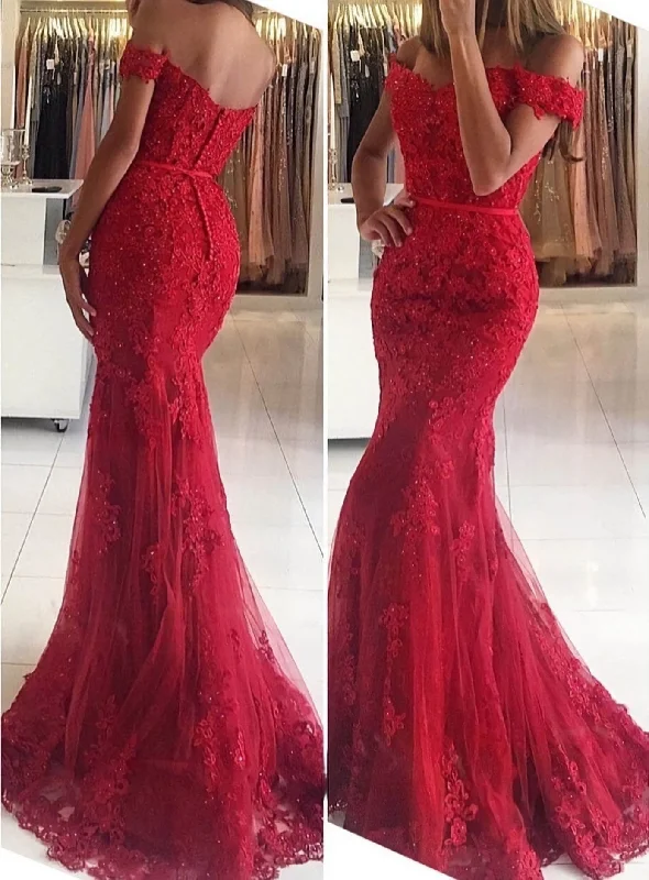 Lace Long/Floor-Length Trumpet/Mermaid Sleeveless Off-The-Shoulder Zipper Corset Prom Dress With Appliqued Beaded outfit Boho Chic Maxi