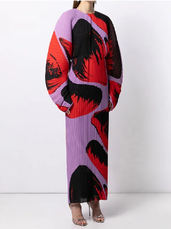 Miyake Pleated Hand Painted Long Dress Summer Beach Maxi