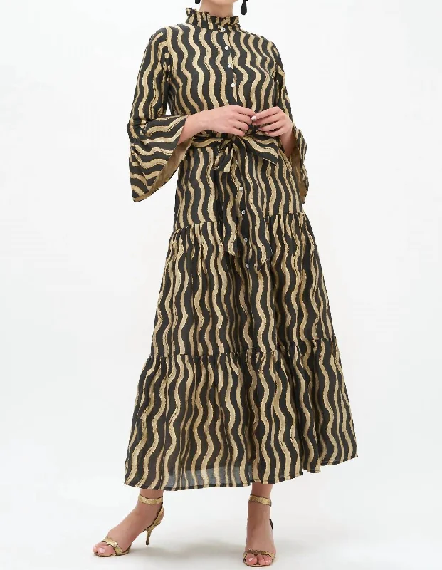 Ruffle Collar Bell Maxi Dress In Black/ankara Printed Long Skirt