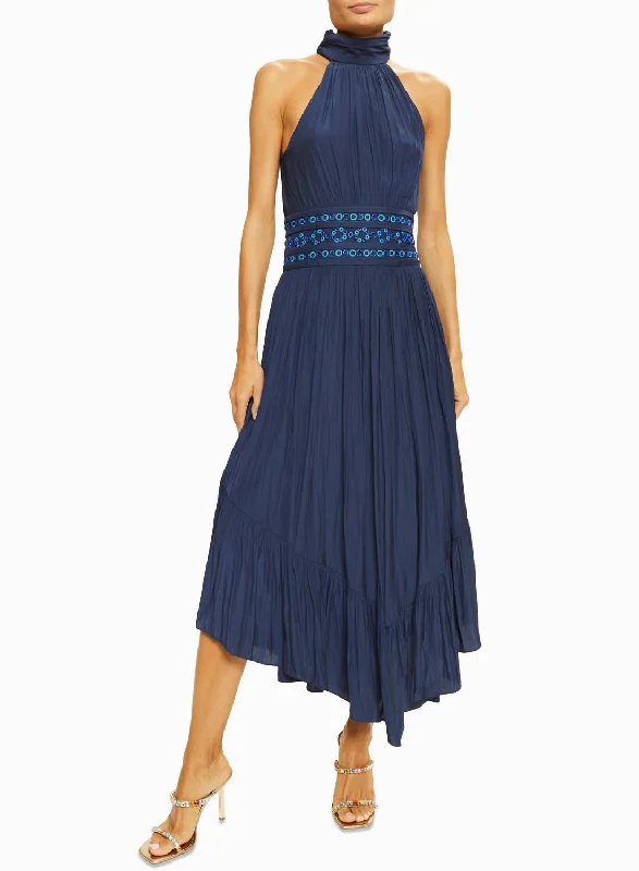 Shauna Maxi Dress In Navy W/turquoise Embroidery Plaid Maxi Skirt