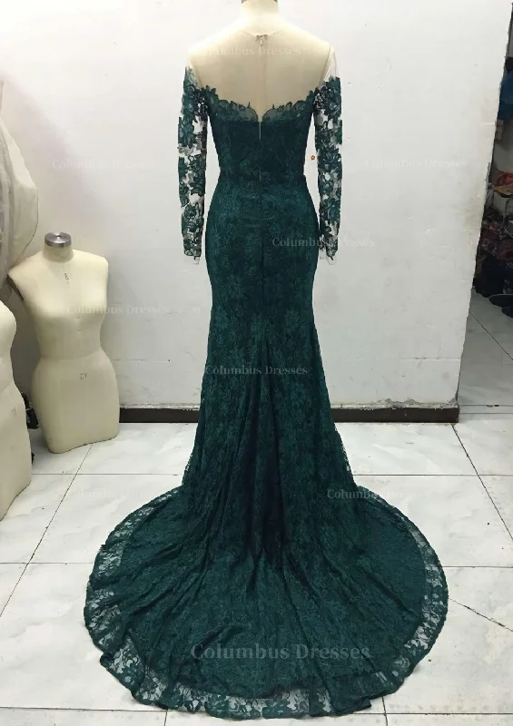 Trumpet/Mermaid Full/Long Sleeve Bateau Chapel Train Lace Prom Dress With Appliqued Maxi Skirt Style