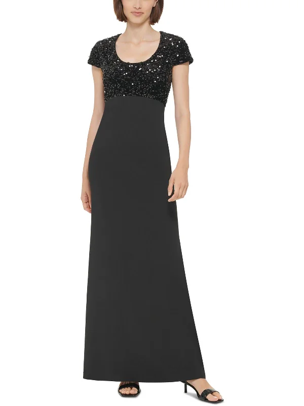 Womens Sequined Long Evening Dress Lace Detail Maxi