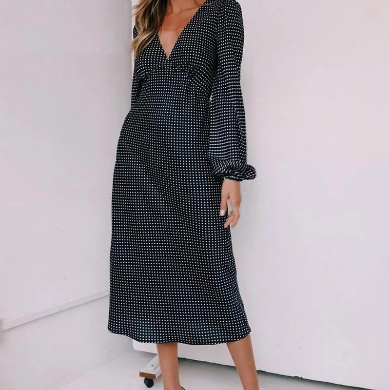 Women's Spring Long-Sleeved V-Neck Long Dress Front Slit Skirt