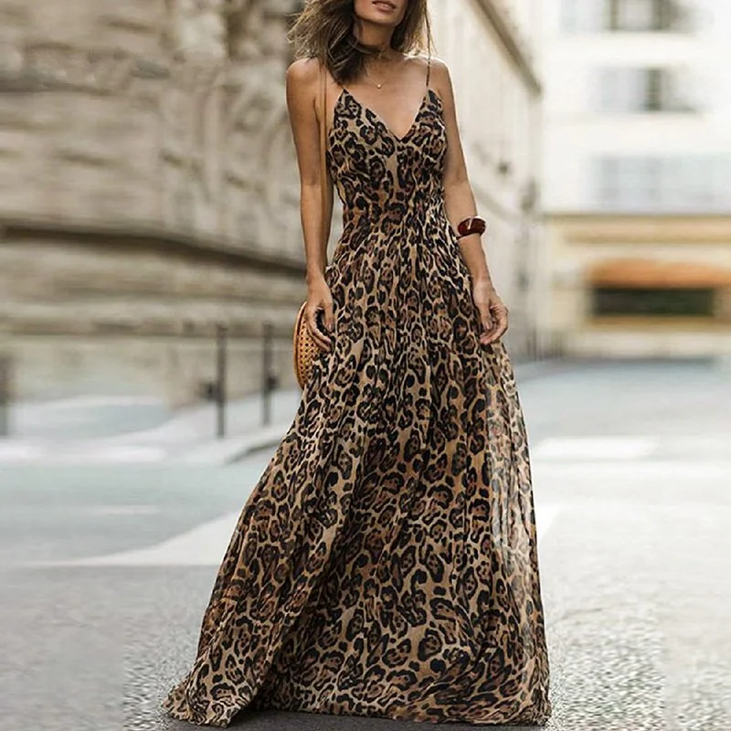 Women's Summer V-Neck Chiffon Leopard Maxi Dress Layered Maxi Skirt