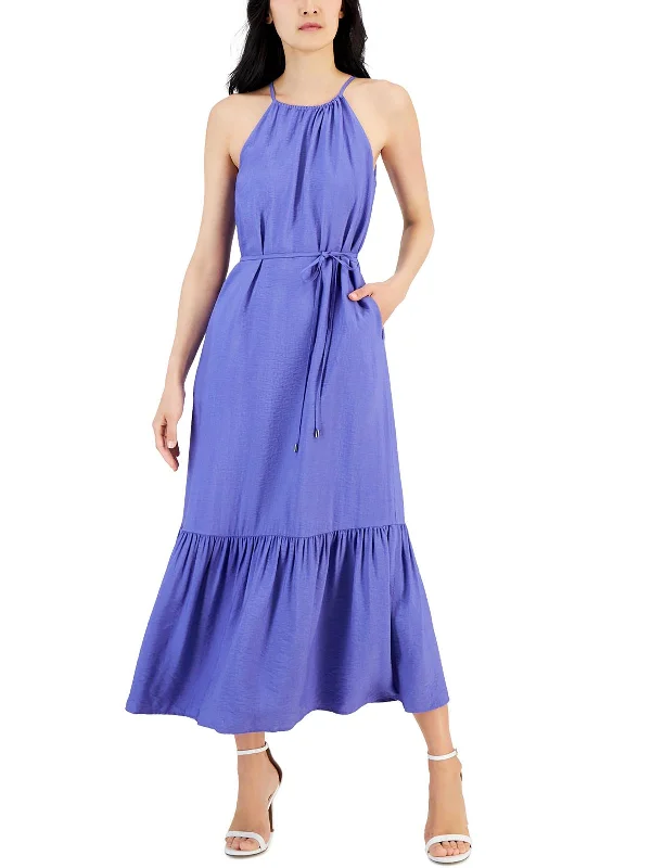 Womens Tiered Long Maxi Dress Front Pocket Maxi