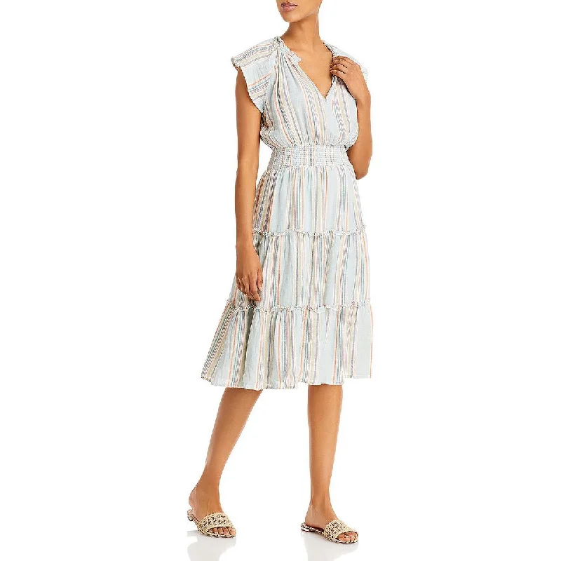 Amellia Womens Linen Blend Striped Midi Dress Casual A-line Skirt