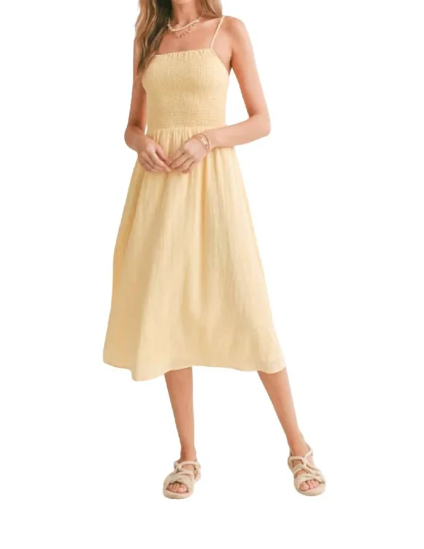 Bird Song Smocked Midi Dress In Lemon Bright Midi Skirt