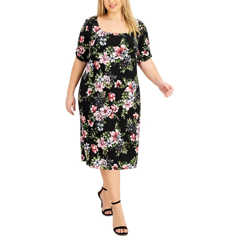 Plus Womens Floral Scoop Neck Midi Dress Silk Midi Skirt