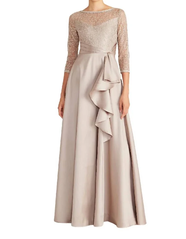 Zola Bateau Mikado Lace Gown In Clay Boho Lace Dress